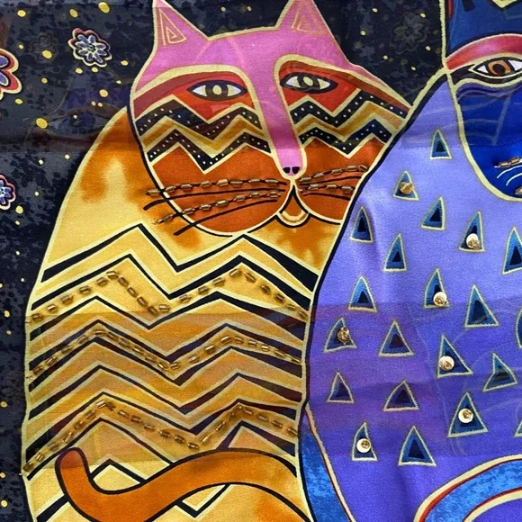 Vintage Laurel Burch Feline Family Portrait Multicolor Silk Scarf